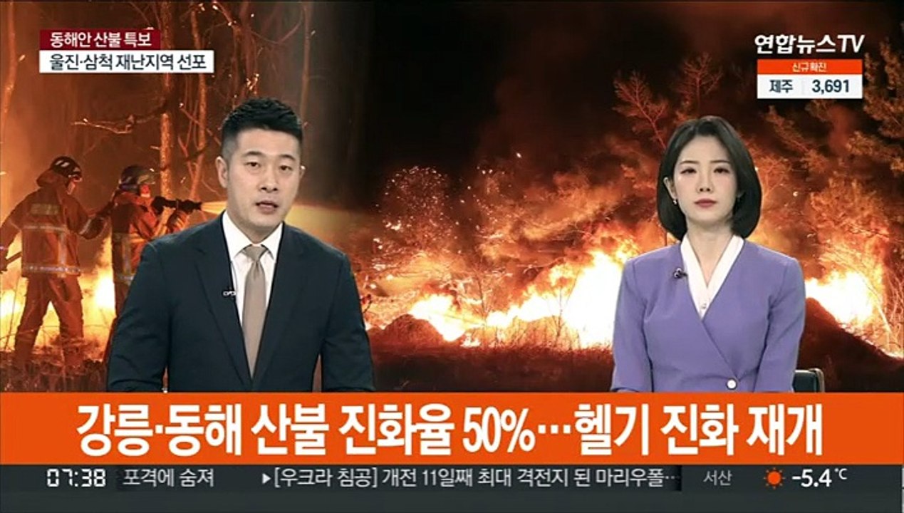 강릉·동해 산불 진화율 50%…헬기 진화 재개