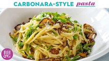 Carbonara-Style Pasta with Peas, Shiitake Bacon, and Black Pepper | Eat This Now | Better Homes & Gardens