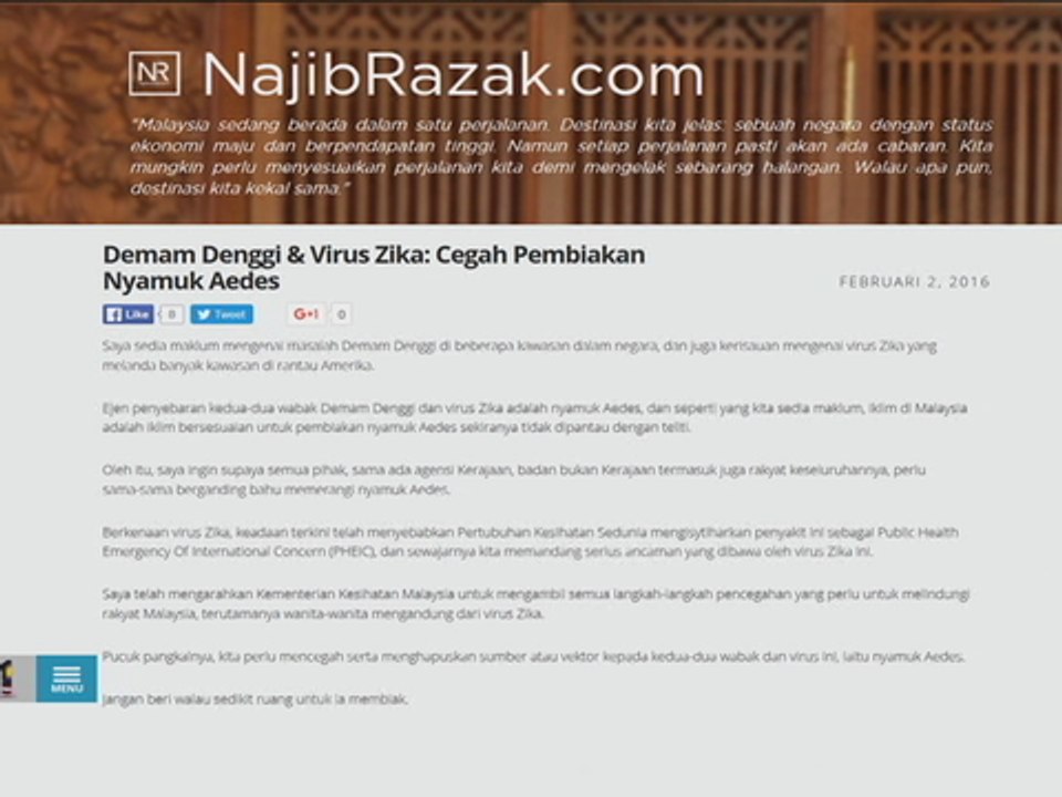 PM arah ambil langkah cegah demam denggi, virus Zika