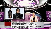 Gemma Chan flaunts her sensational style in a lace detail ensemble as she attends Paris Fashion Week