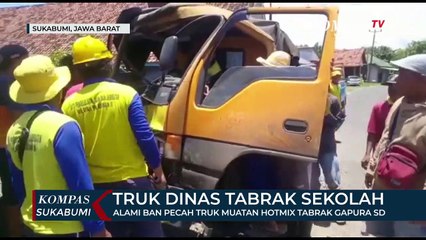 Alami Ban Pecah Truk Muatan Hotmix Tabrak Gapura SD