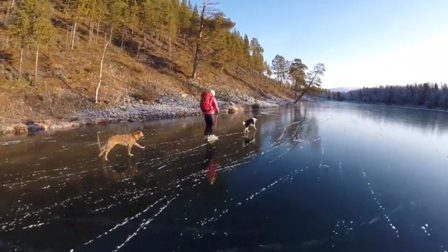 Une promenade en patins à couper le souffle sur un lac gelé de Suède