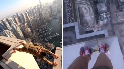 Oleg Cricket fait du hoverboard en haut d'une tour vertigineuse à Dubaï