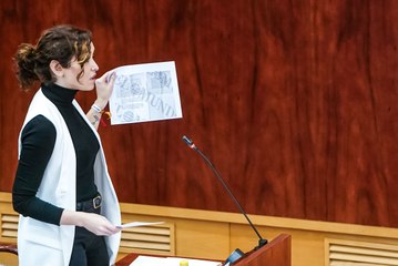 Ovación a Ayuso tras achacar a Mónica García "el suelo de más que cobró de esta Cámara"