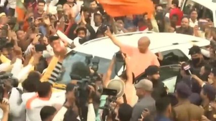 Watch: Yogi Adityanath reaches BJP headquarters in Lucknow to address party workers