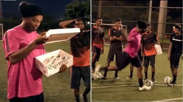 Ronaldinho suprend des jeunes joueurs et tente le challenge de la barre