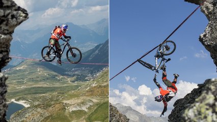 Kenny Belaey fait du VTT trial sur... une slackline au-dessus du vide !