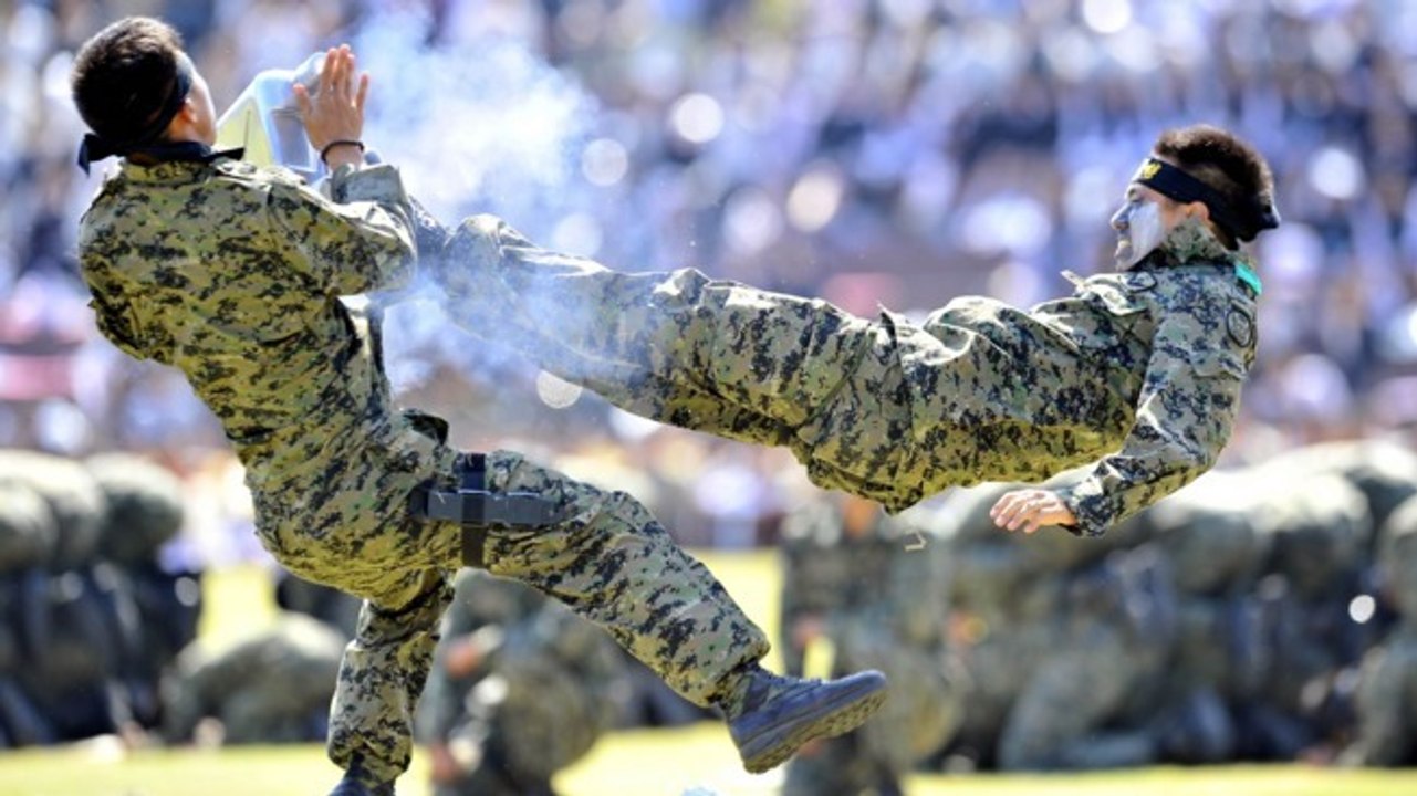 Des militaires experts en arts martiaux démontrent leur force dans un puissant entraînement