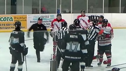 Un arbitre de hockey frappe un joueur avant de se faire plaquer par l'entraîneur