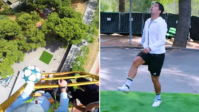 Luis Suarez tente de contrôler un ballon lancé de 35 mètres de haut !