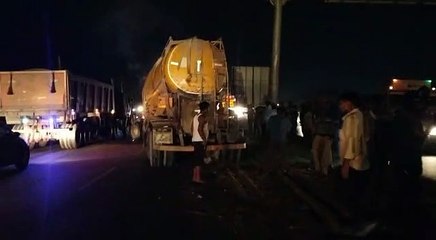 Tanker caught fire after hitting trailer