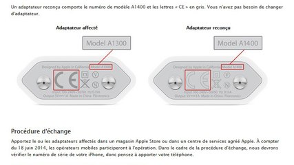 Chargeurs iPhone : Apple rappelle les ''Model A1300'', jugés dangereux