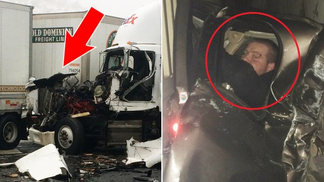 À la suite d’un violent carambolage, il se retrouve coincé entre deux poids lourds