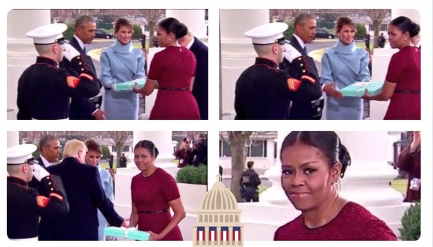 Michelle Obama révèle (enfin) la vraie raison de sa grimace en rece­vant le cadeau de Mela­nia Trump
