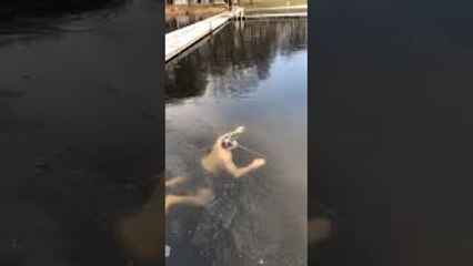 Guy Bumps Head on Ice During Frozen Lake Swim