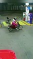 Crazy Bull Chases Motorcycle into Gas Station and Attacks Motorcycle Riders