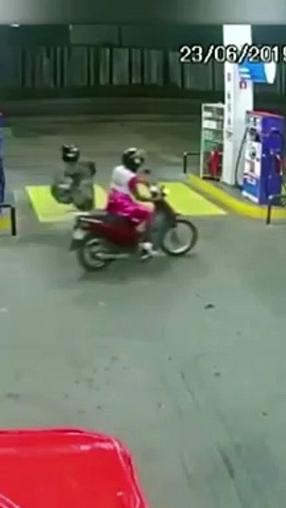 Crazy Bull Chases Motorcycle into Gas Station and Attacks Motorcycle Riders