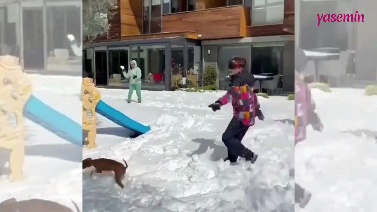 Esra Erol eşi Ali Özbir ve oğulları ile kar savaşı yaptı!