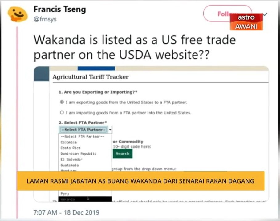 Laman rasmi Jabatan AS buang Wakanda dari senarai rakan dagang