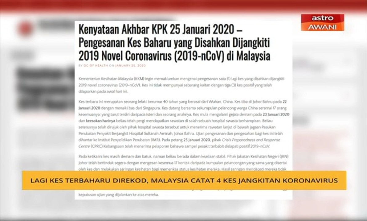 Lagi kes terbaharu direkod, Malaysia catat 4 kes jangkitan Koronavirus