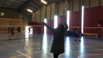 Jacqui Lambie plays a game of badminton against former Olympic coach Lasse Bundgaard