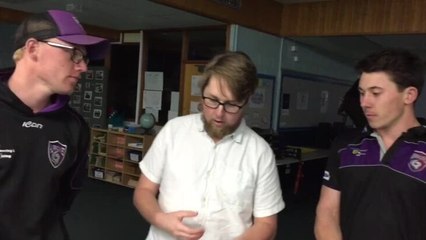 Burnie co-coaches James Odgers and Shaun Redman speak with sports reporter Jarryd McGuane