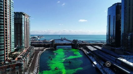 Chicago River Dyed Green - St Patricks Day 2022  4K Drone Video