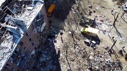 Drone footage shows the aftermath of a Russia missile strike in Ukraine