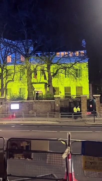 Ukrainian flag projected on Russia Embassy in London
