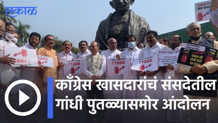 Congress | काँग्रेस खासदारांचं संसदेतील गांधी पुतळ्यासमोर आंदोलन | Sakal |
