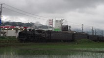 Japanese Oigawa C11-190 with the SL Kawane train in the pouring rain 大井川本線のC11形190号はSL急行「かわね路号」と一緒に島田市にあります