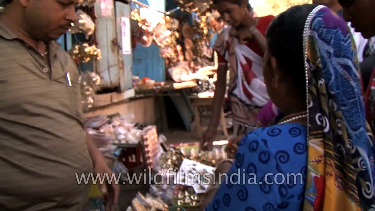 Traditional brass puja items store in Varanasi, Uttar Pradesh