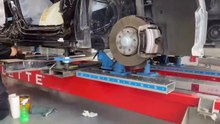 Mercedes-Benz A200 B-pillar replacement on Celette bench with dedicated jigs and side gantry