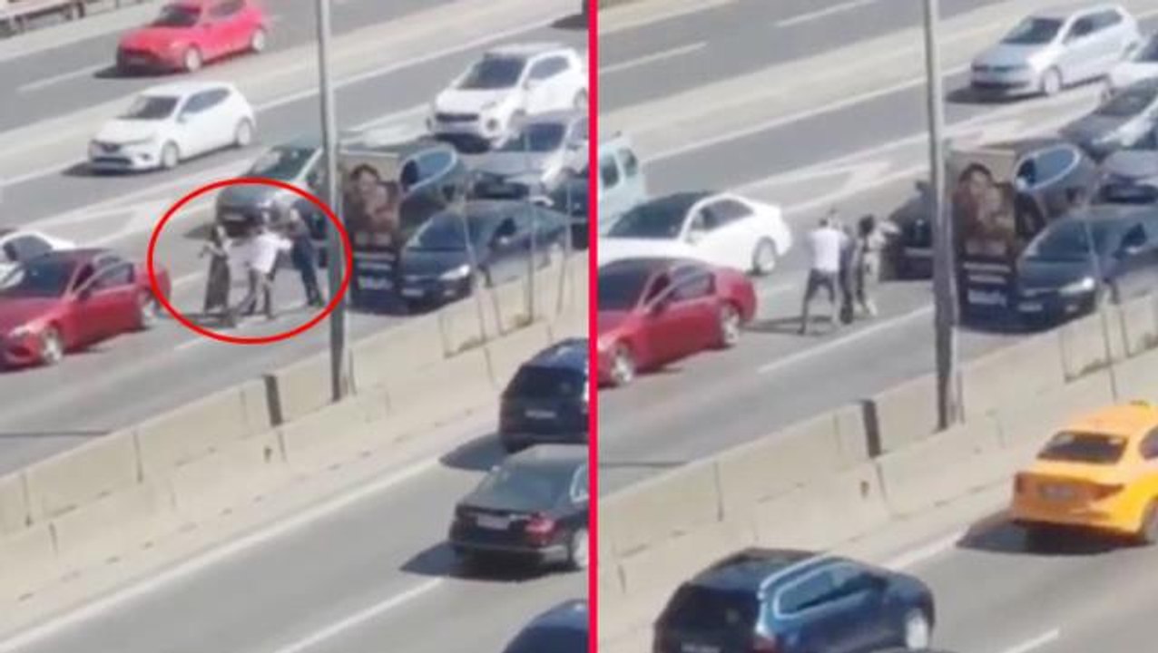 Araçları durdurup yumruk yumruğa birbirlerine girdiler! Yol verme kavgası kamerada