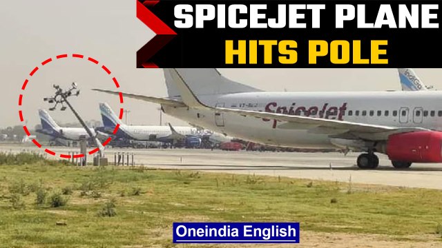 SpiceJet aircraft collides with a lightning pole during pushback at Delhi airport | Oneindia News