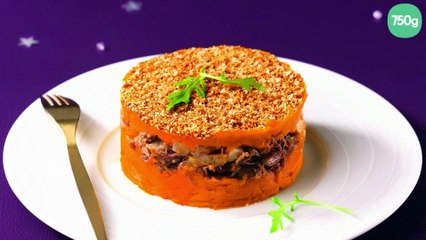 Parmentier croustillant de patates douces et de confit de canard aux pommes et oignons