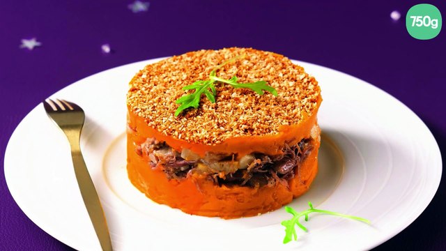 Parmentier croustillant de patates douces et de confit de canard aux pommes et oignons