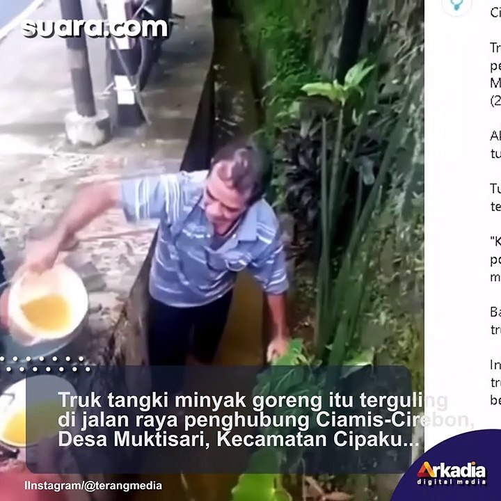 Truk Tangki Minyak Goreng Terguling, Warga Berdatangan Langsung Ambil Minyak yang Tercecer di Selokan