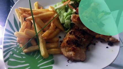 Filet de poulet pané, frites et salade