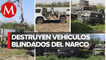 FGR y Sedena destruyen vehículos 'monstruos' de cárteles en Tamaulipas