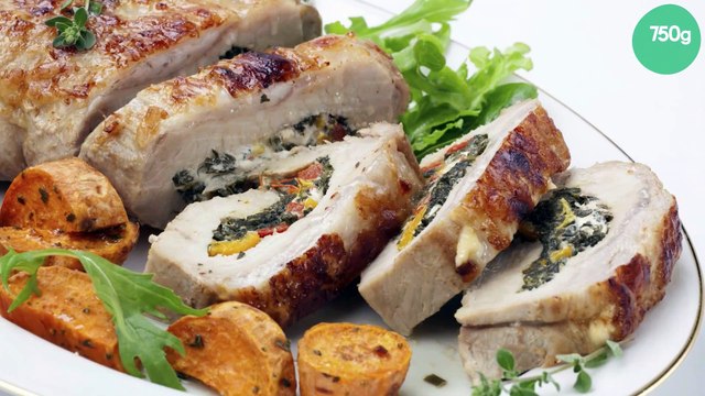Longe de porc roulée farcie aux épinards, poivrons et féta