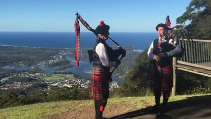 VE 75th Anniversary pipers atop North Brother mountain, Camden Haven