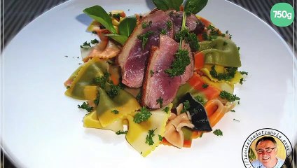 Magret de canard au sirop de safran et ses farfalles multicolores