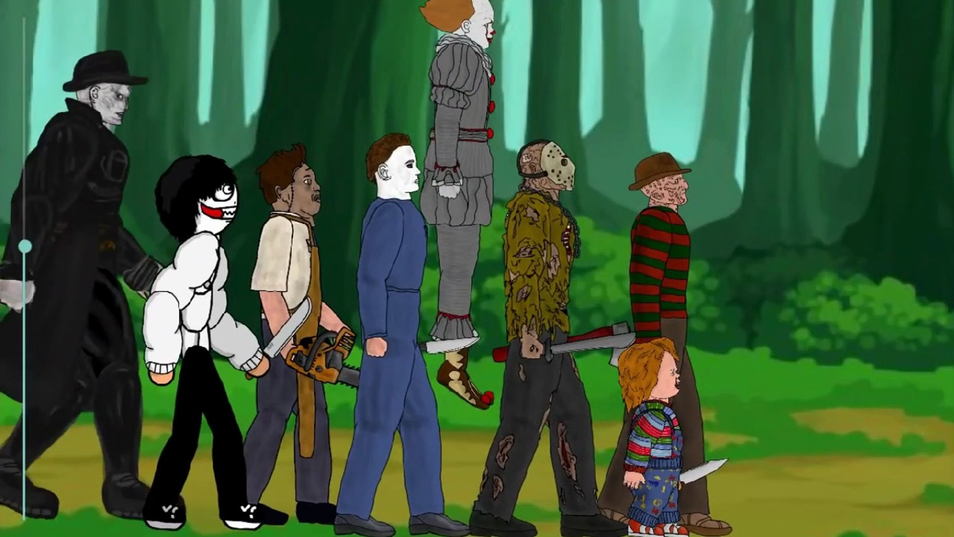 Thanos vs IT Pennywise, Jason Voorhees, Freddy, Michael Myers, Leatherface,  Chucky, Jeff, Tyrant, image size:1920x1080