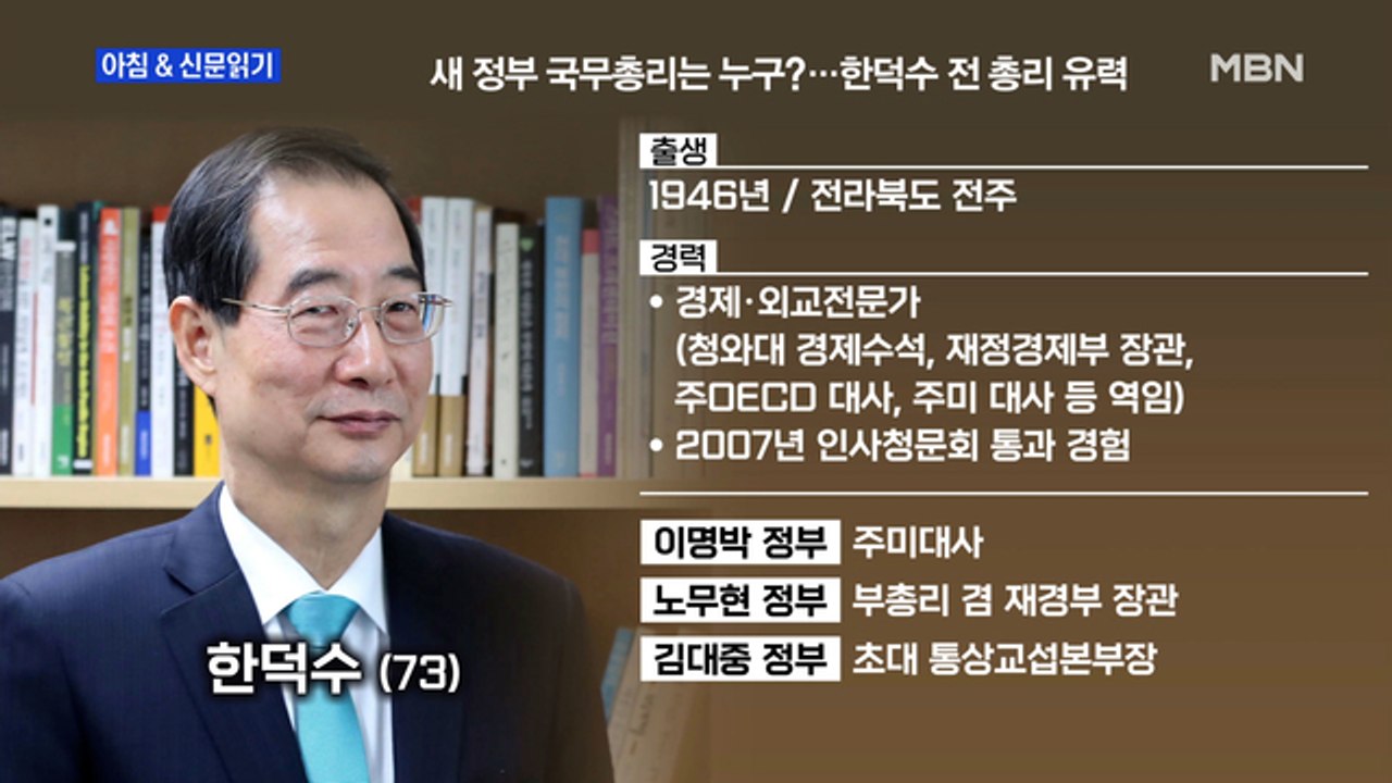 신문브리핑1"새 정부 첫 총리 후보자, 한덕수 내정 확실시"외주요기사