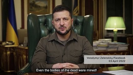 Zelenskky reacts to the bodies of Ukrainians in Bucha left by Russians