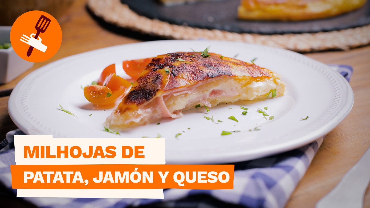 Milhojas de patata, jamón y queso