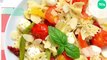Salade de farfalles au pesto (tomates cerise et poivrons rôtis, tomates séchées et mozzarella)
