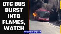 Delhi: DTC bus burst into flames in Mahipalpur, two shops gutted in fire, Watch |Oneindia News