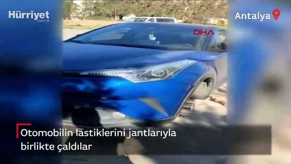 Otomobilin lastiklerini jantlarıyla birlikte çaldılar